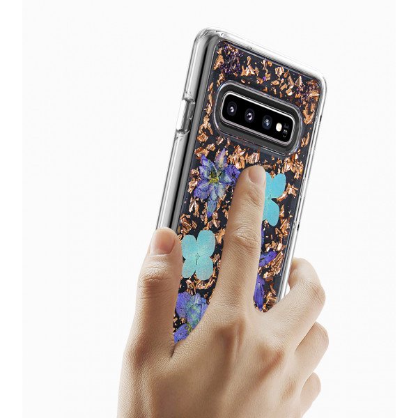 Wholesale Galaxy S10+ (Plus) Luxury Glitter Dried Natural Flower Petal Clear Hybrid Case (Bronze Blue)